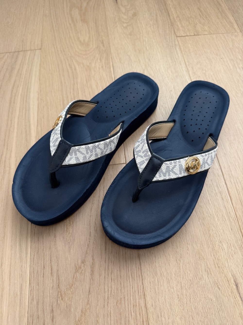 Michael Kors Navy and White Logo Thong Sandals